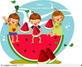 儿童吃瓜插画图,儿童吃瓜插画，描绘夏日欢乐时光